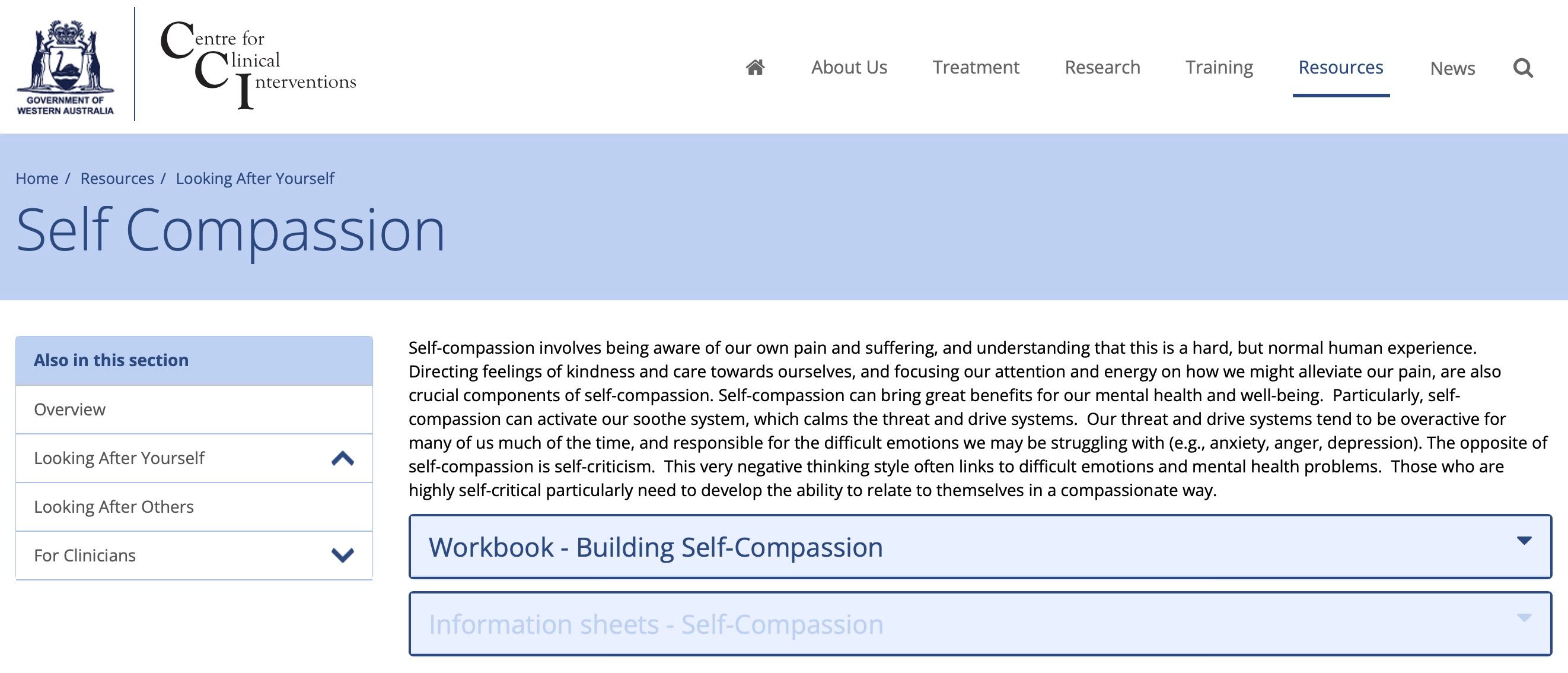 Captura de tela da página de autocompaixão do site CCCi