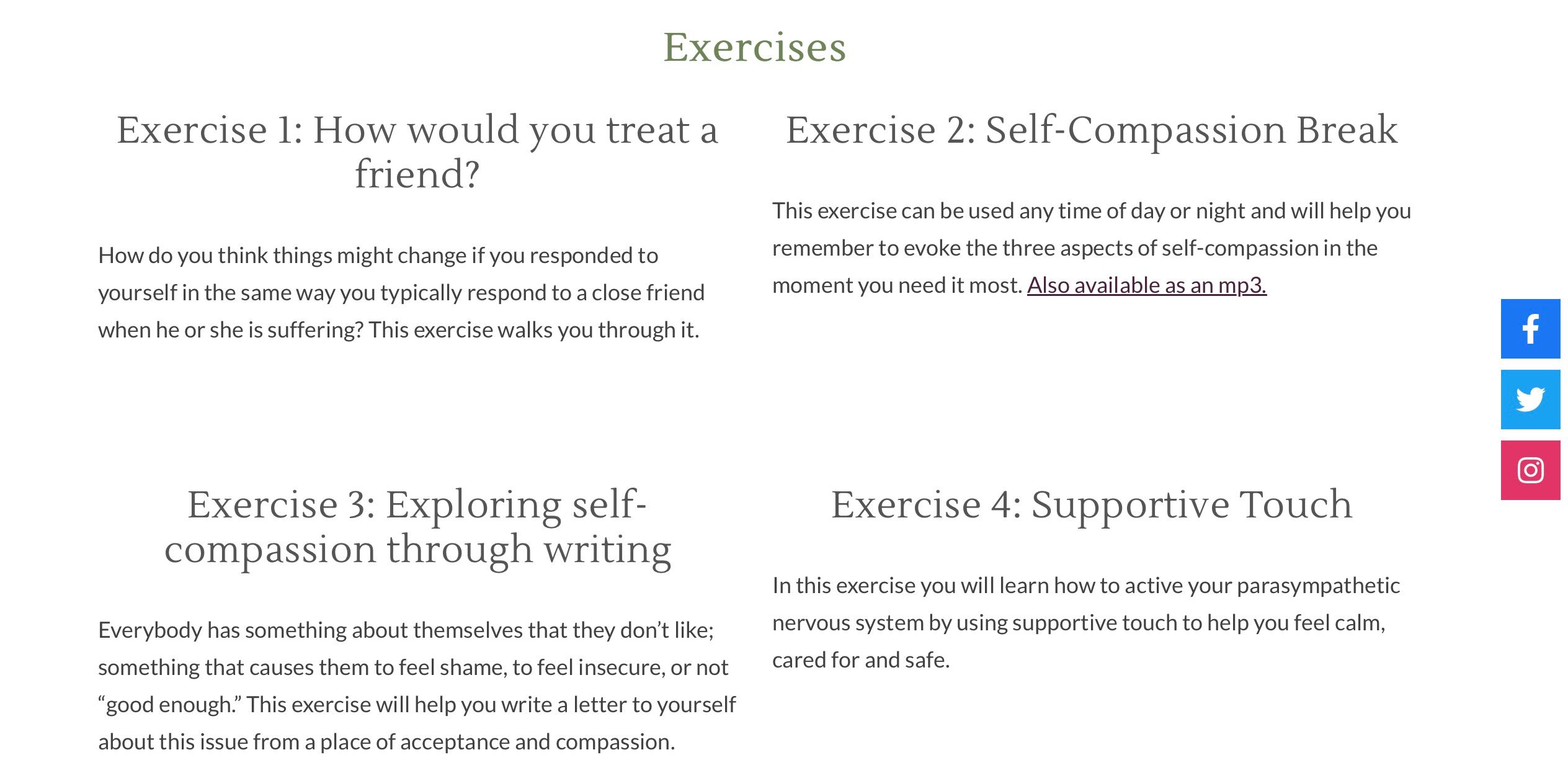 Captura de tela dos exercícios do site de autocompaixão