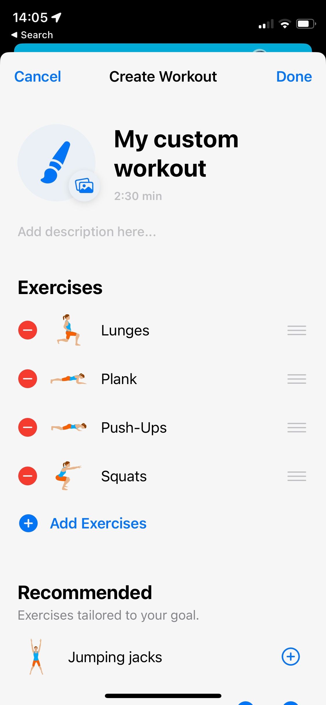 Screenshot of Seven app showing custom workout feature