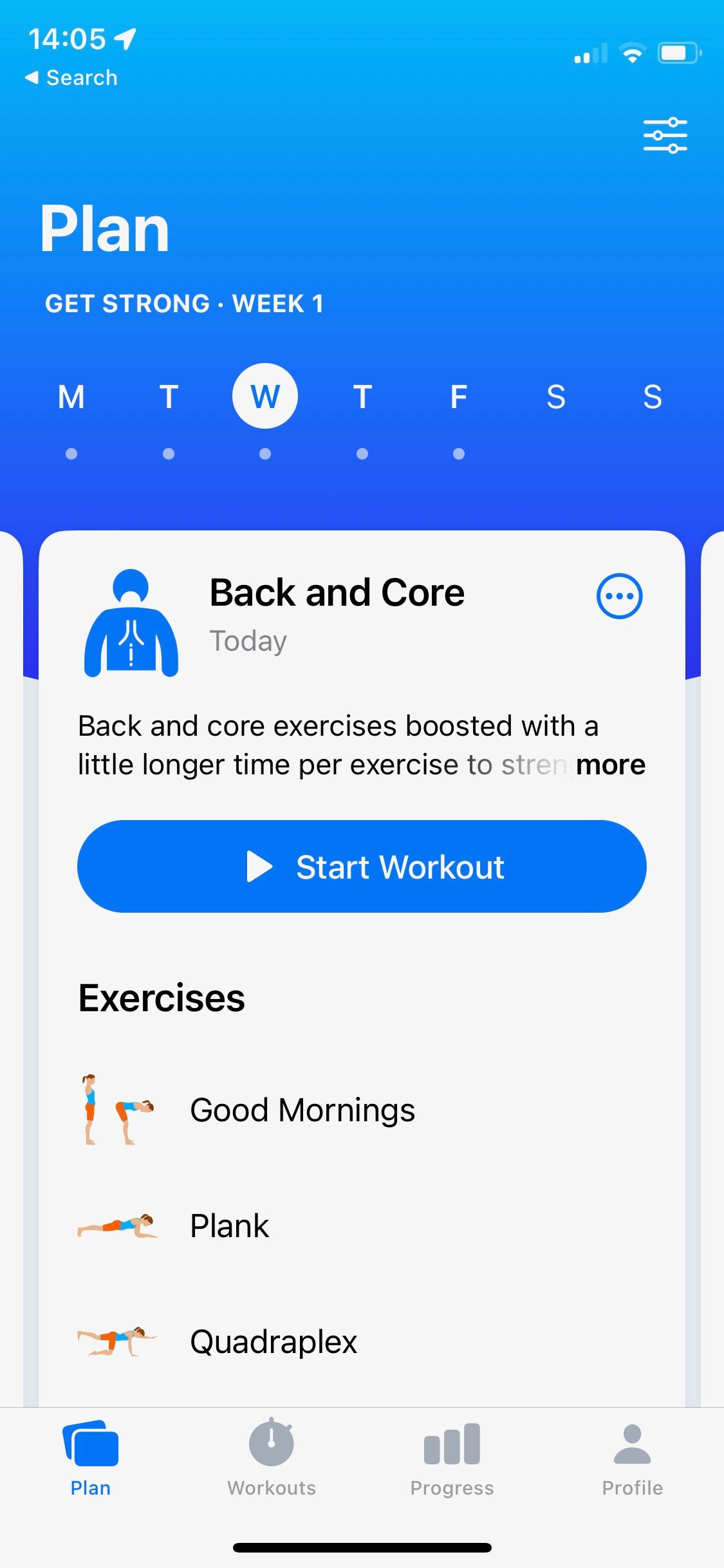 Screenshot of Seven app showing sample workout plan