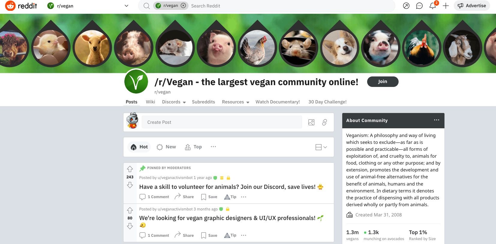 Captură de ecran a comunității r:vegan pe reddit