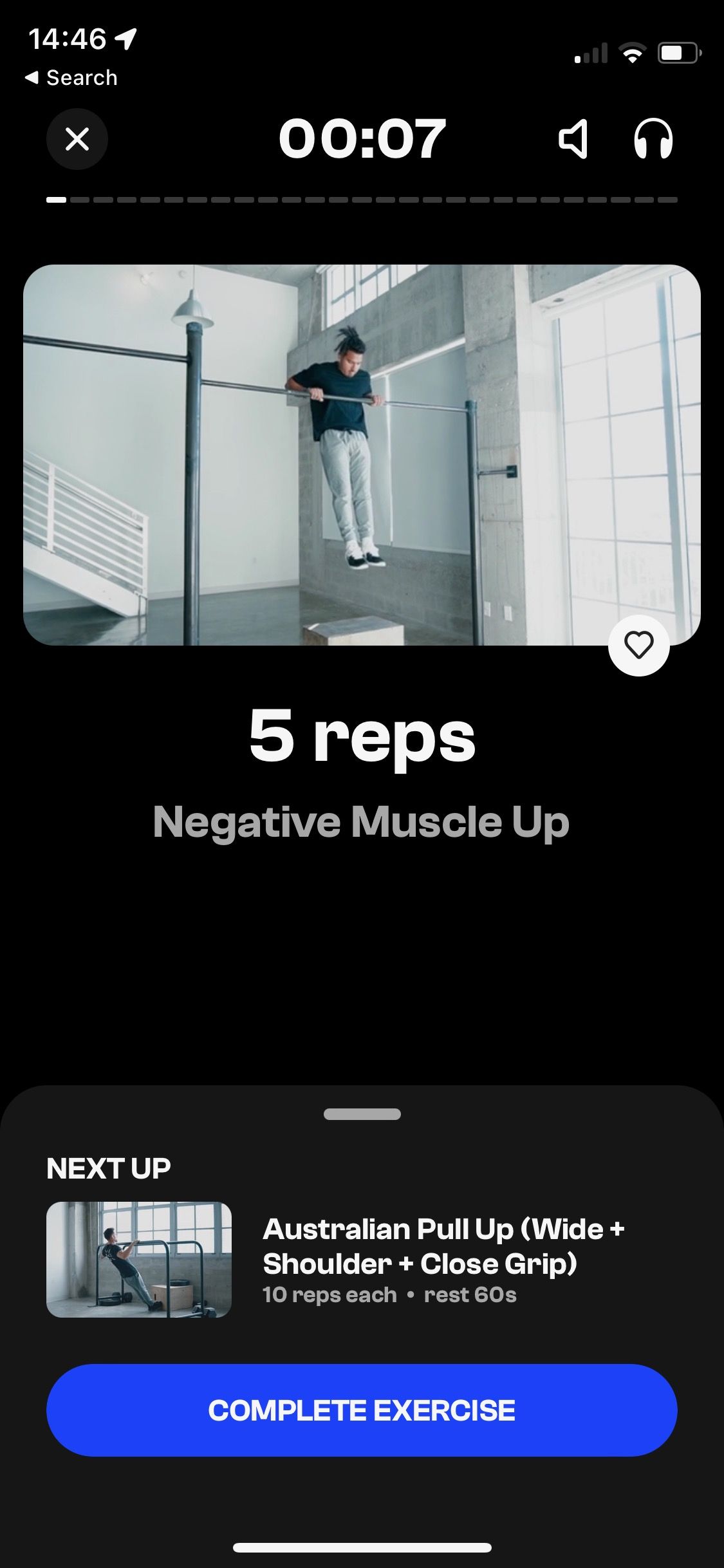 Screenshot of Thenx app showing workout screen