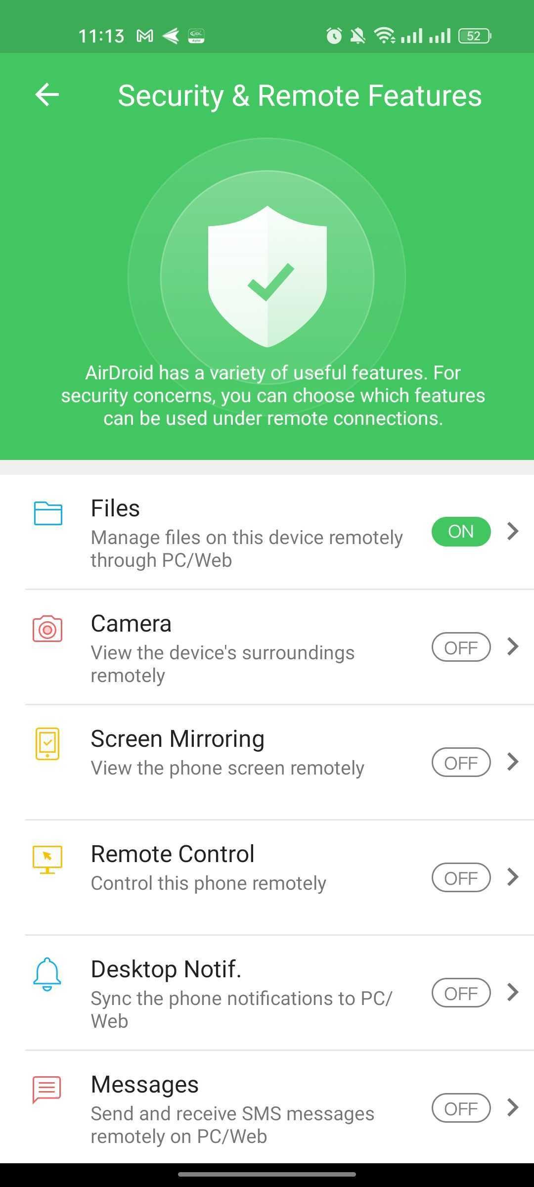 Enabling security and remote features in Airdroid