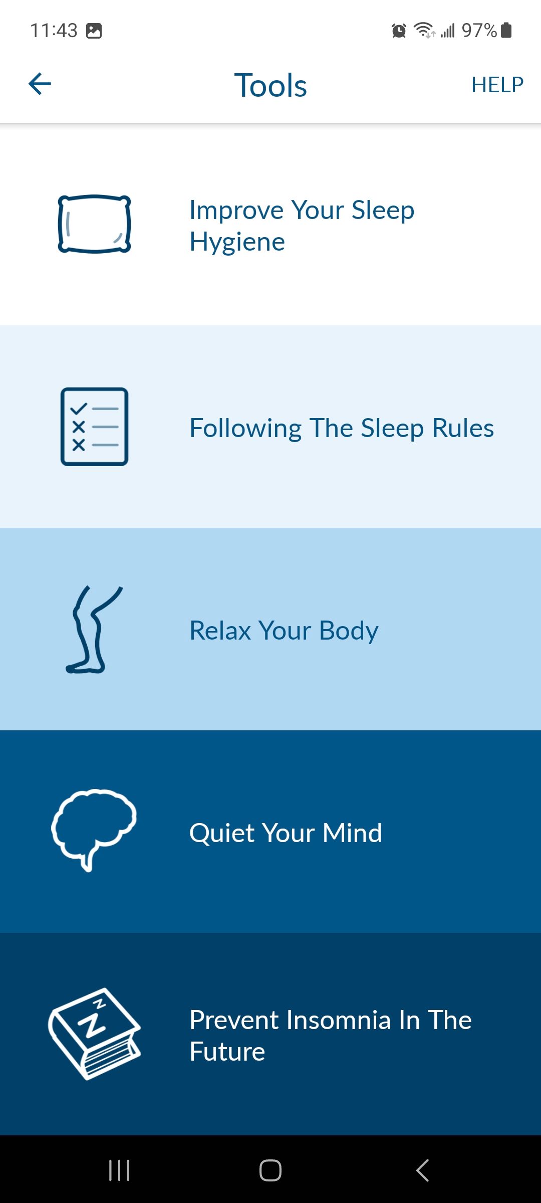 اسکرین شات صفحه ابزار برنامه Insomnia coach