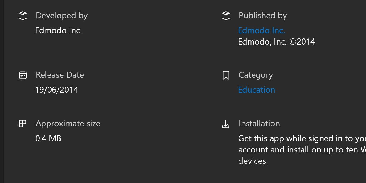 скриншот информации о разработчике в Windows Store