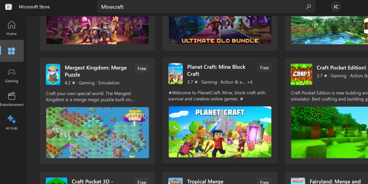 screenshot of minecraft search results in the windows store