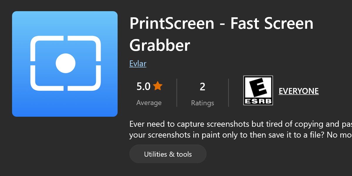 screenshot of printscreen fast screen grabber in the windows store