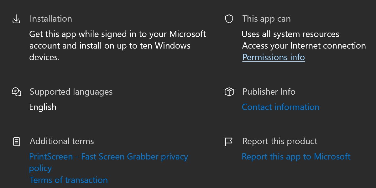 screenshot of the permissions required for printscreen fast screen grabber
