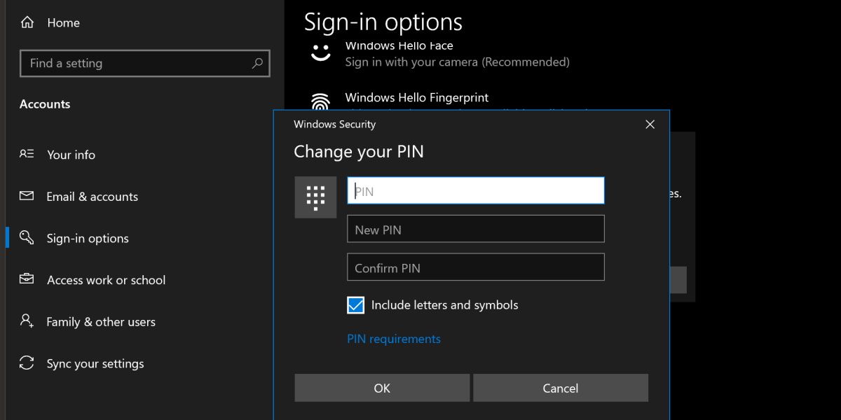 скриншот параметров входа в Windows, меняющих PIN-код