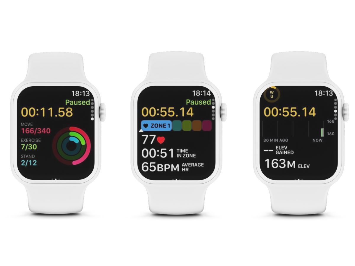 Capturas de tela da tela de treino de corrida do Apple Watch mostrando anéis de atividade, zona cardíaca e elevação