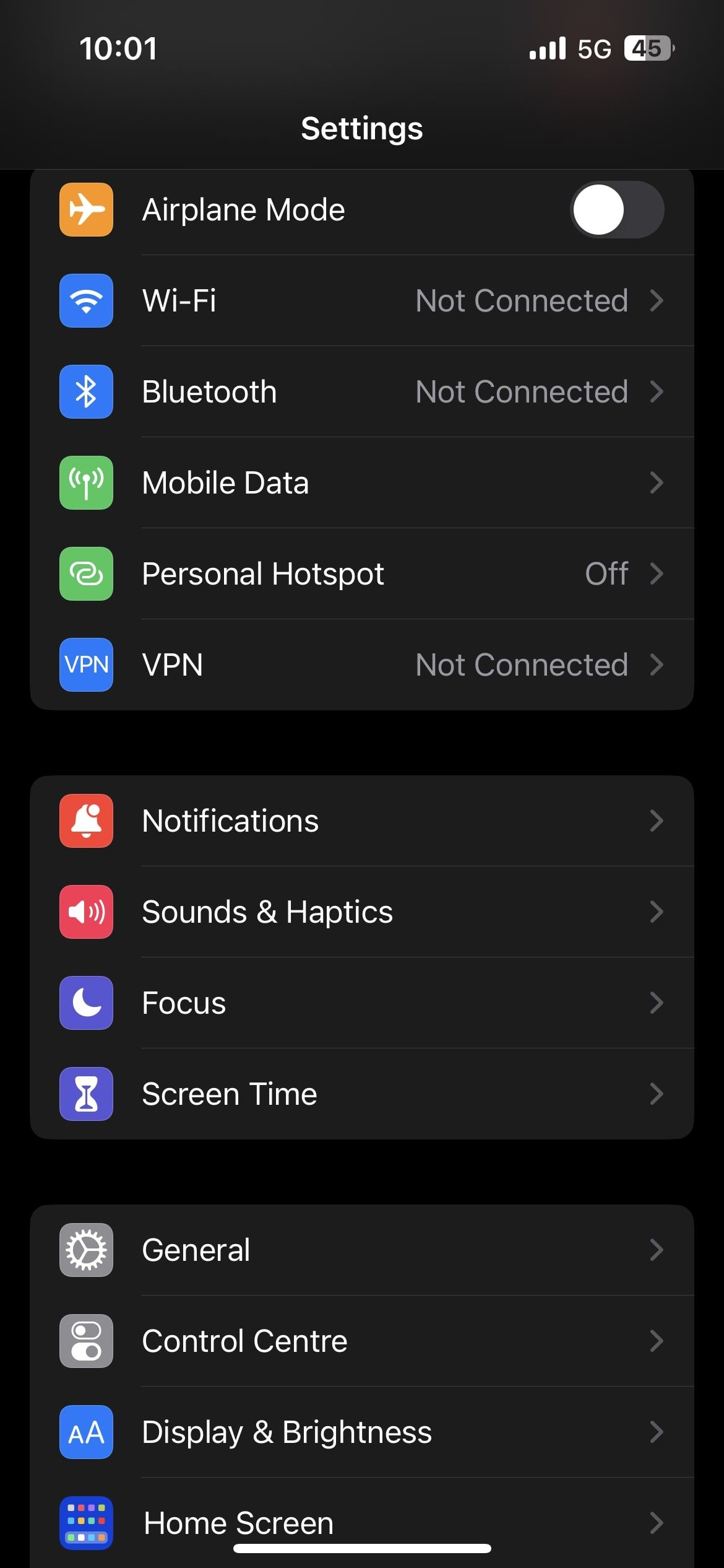 Settings app on iPhone