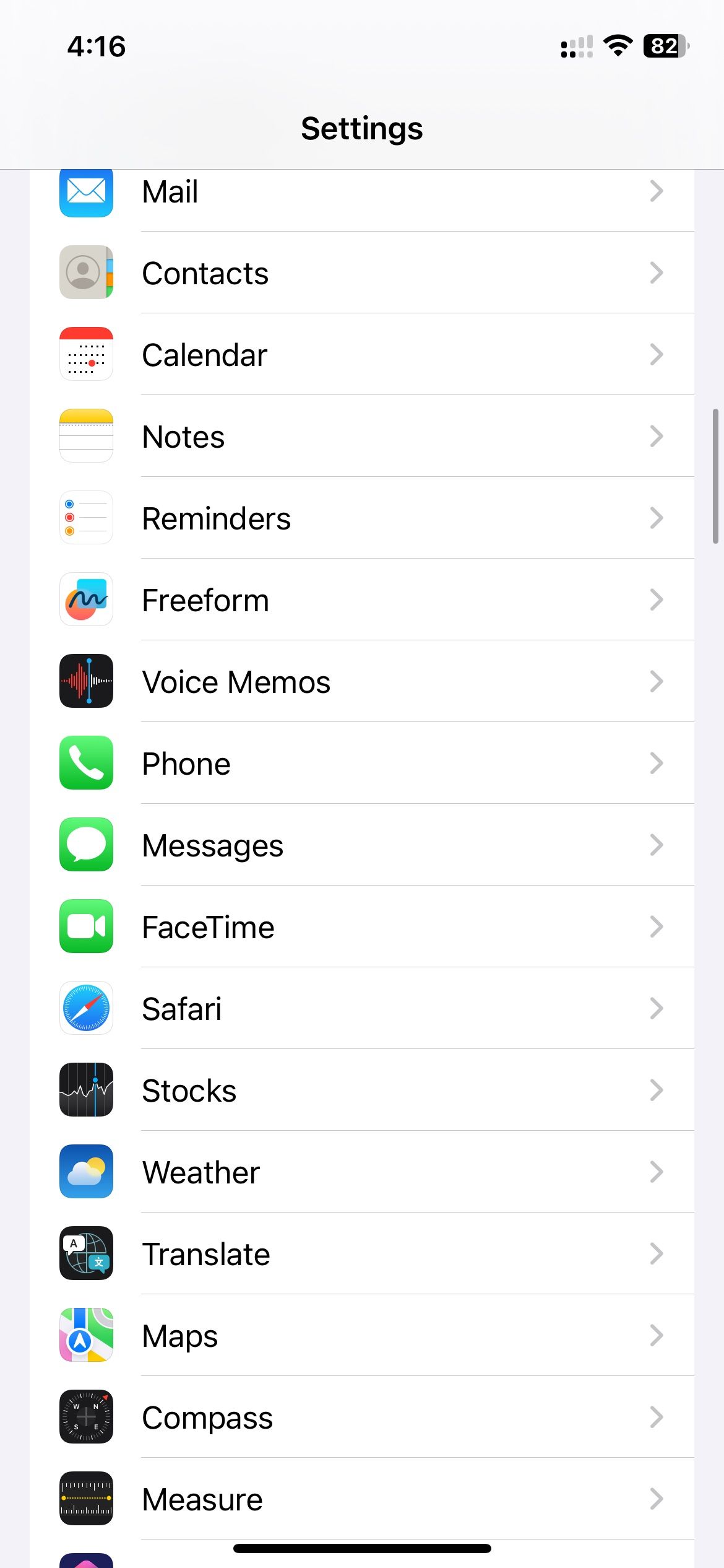 Settings page on iPhone