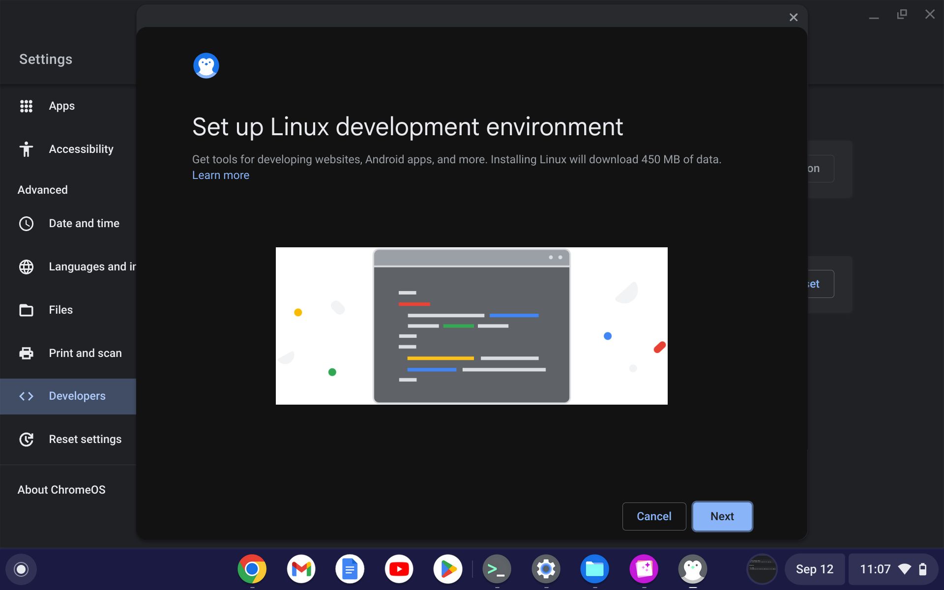 Configure a tela de desenvolvimento do Linux no Chromebook para instalar o Linux