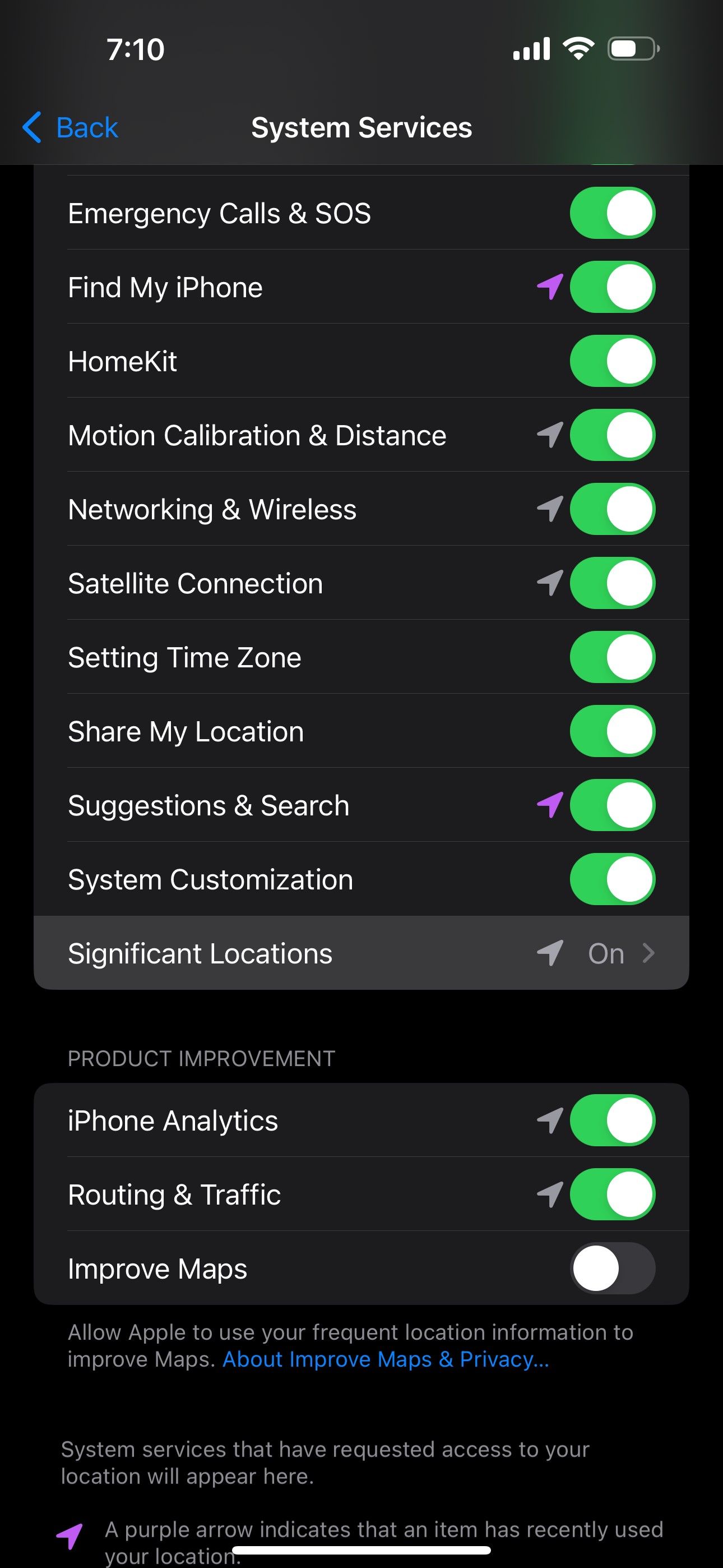 System Services screen including Significant Locations