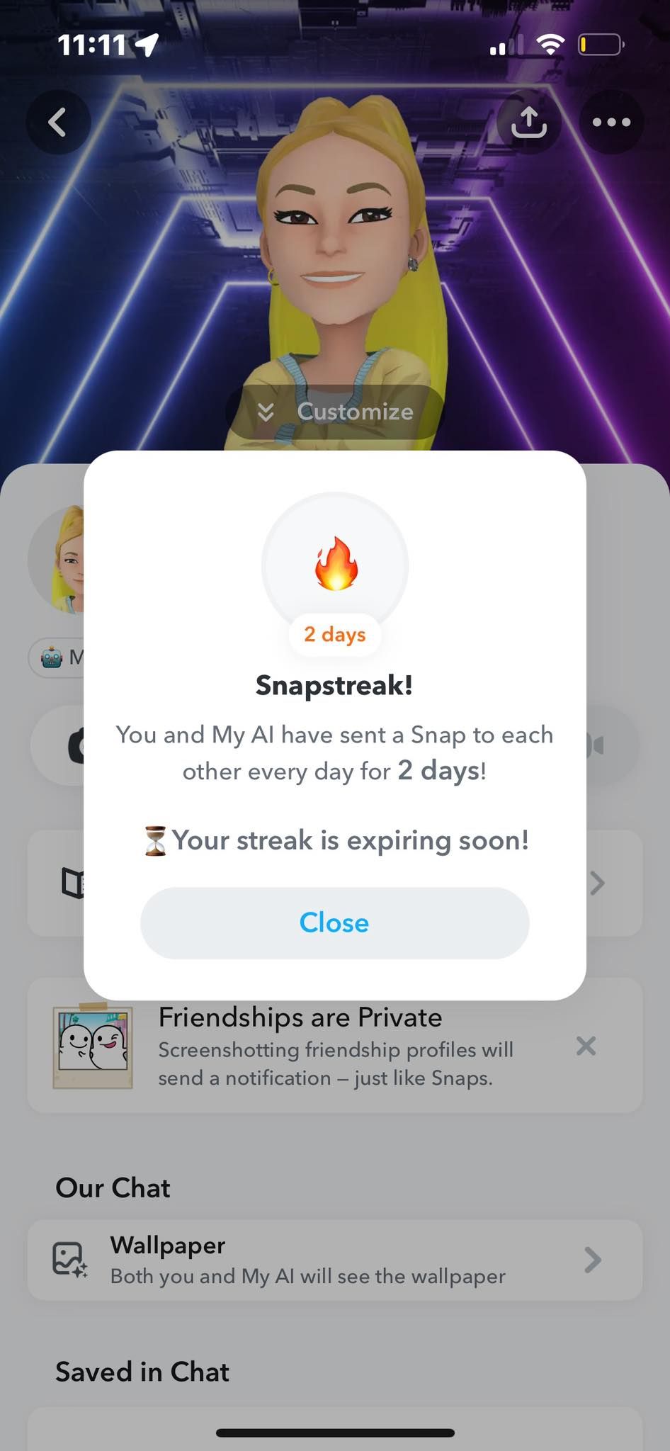 Snapstreak 2 Days Fire Emoji With My AI