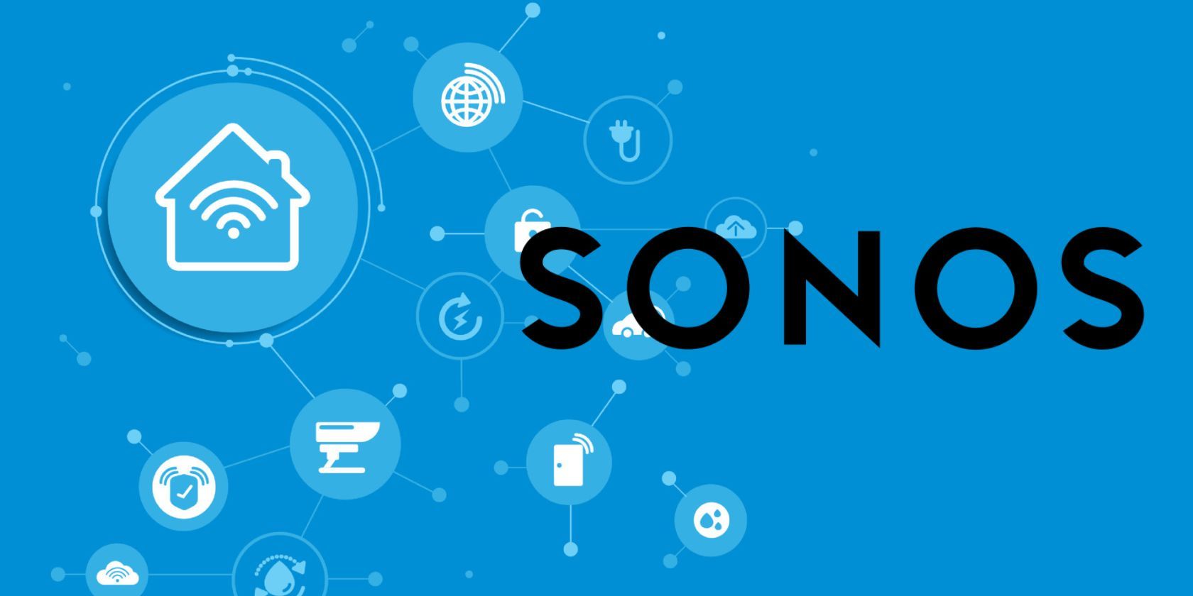 blue graphic of smart home icons next to sonos logo