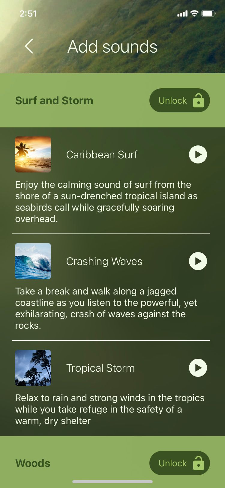 Sound Oasis Nature Sounds Lite app add sounds screen