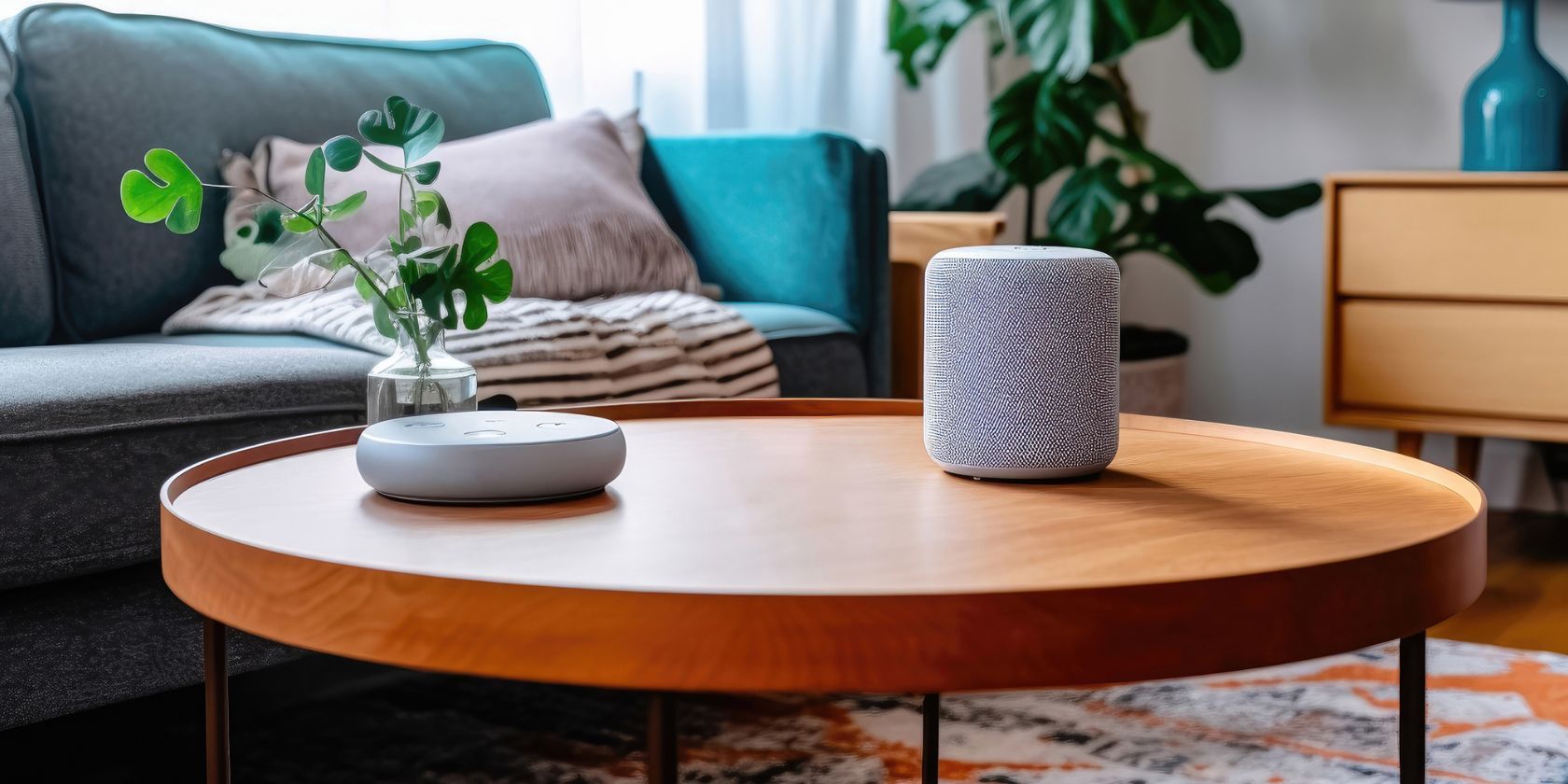 two smart speakers on coffee table in living room