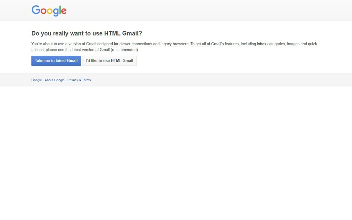 O captură de ecran a paginii Comutare la opțiunea Gmail HTML