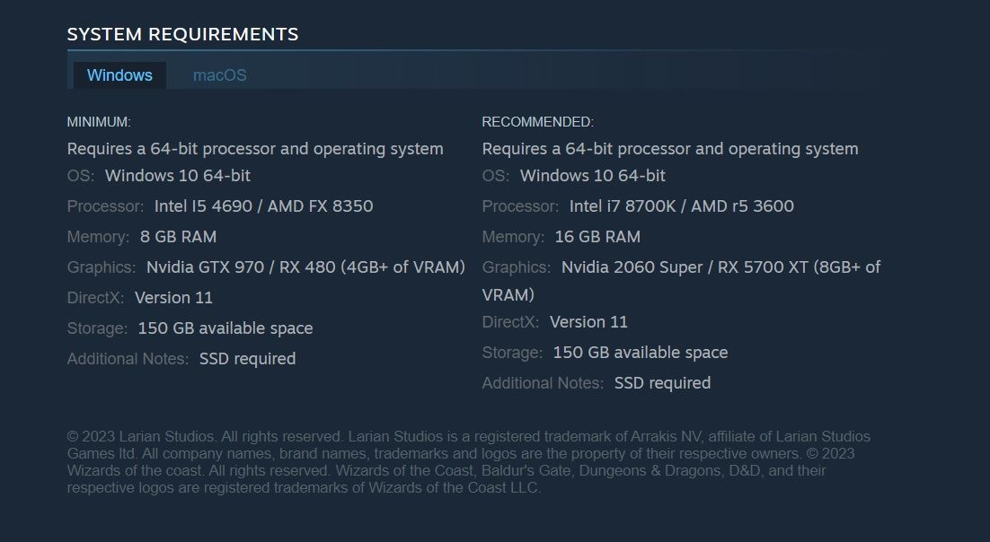 System Requirements Statement on Steam