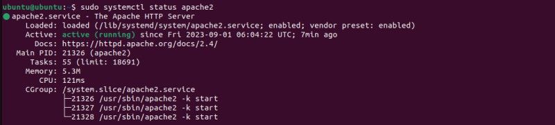 دستور systemctl در ترمینال نشان می دهد که سرور آپاچی فعال است