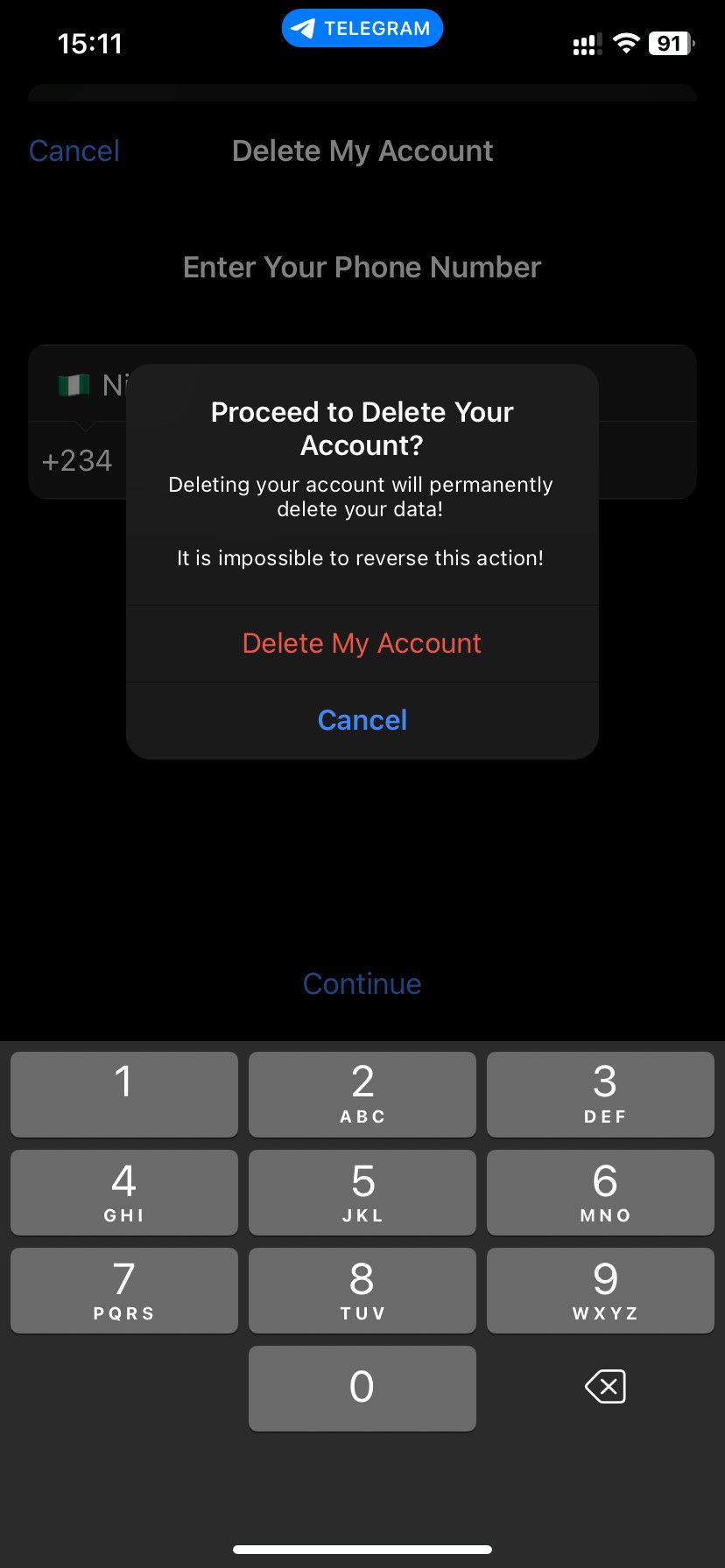 Telegram account deletion final step-2