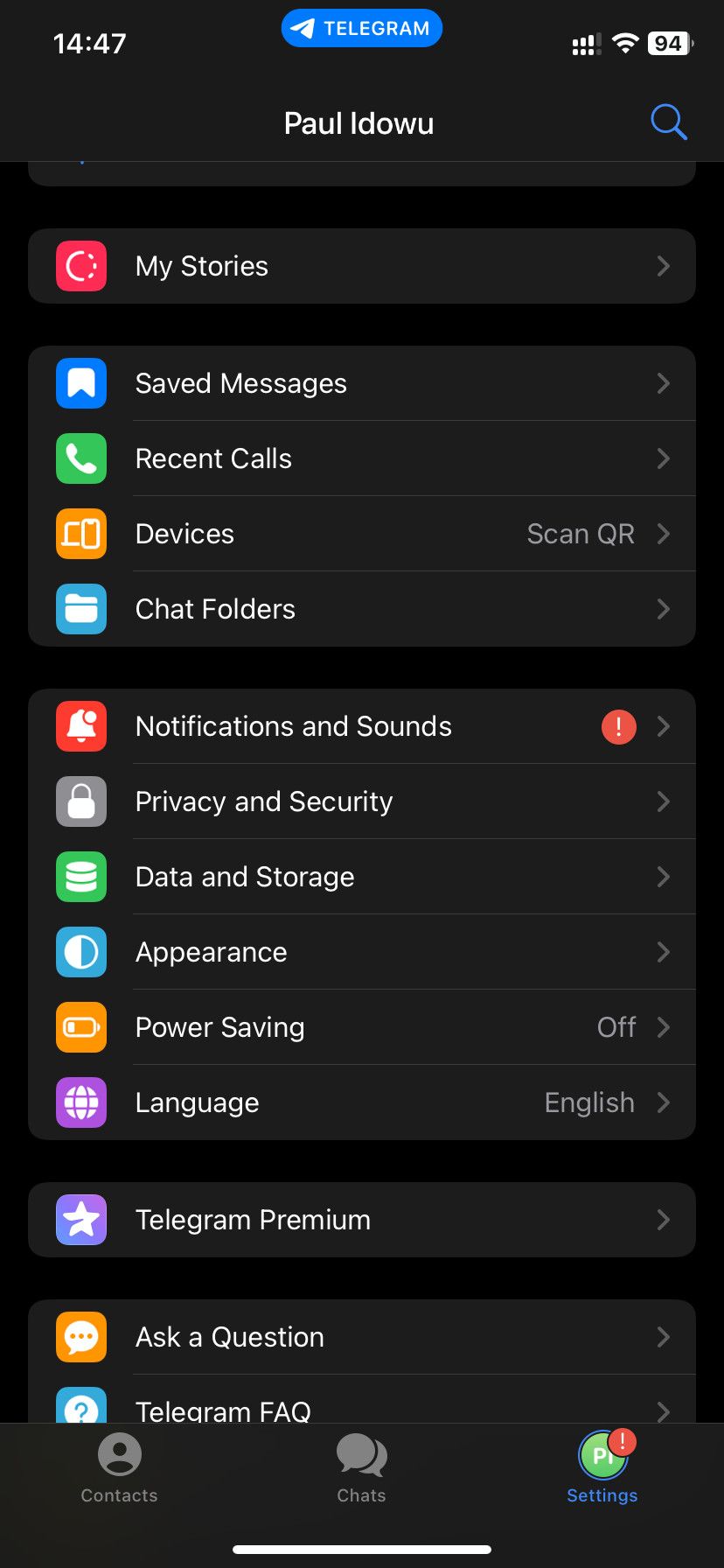 Telegram settings menu