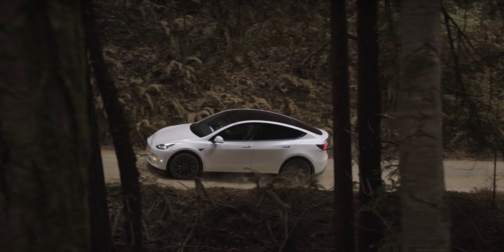 A Tesla SUV driving through the woods. 