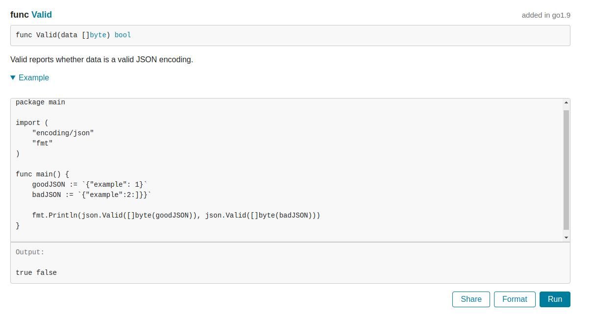 تصویری از مثال قابل آزمایش برای تابع Valid در بسته json کدگذاری گلانگ