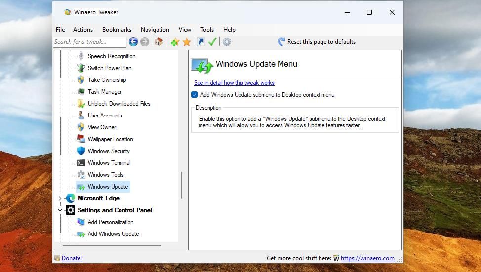 Опция контекстного меню "Добавить подменю Windows Update " на рабочий стол 