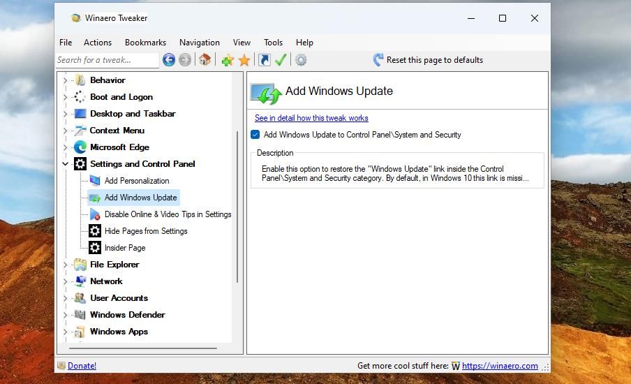 The Add Windows Update to Control Panel option 