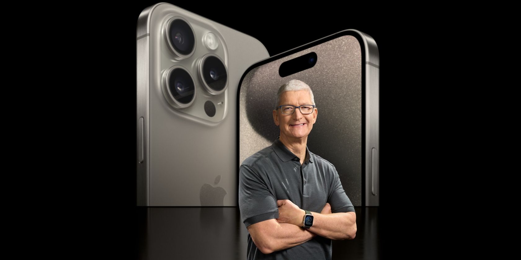 Tim Cook standing in front of iPhone 15 Pro