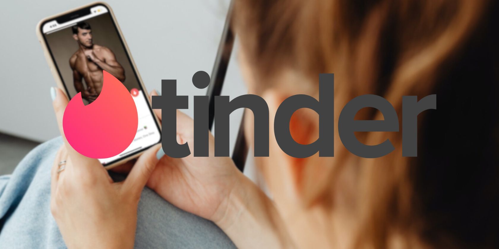 Tinder Logo and Woman Looking at Tinder Dating Profile of Man