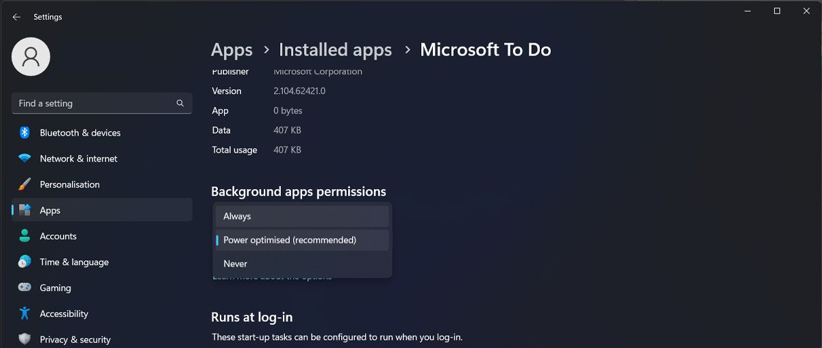Дайте Microsoft To Do разрешение на запуск в фоновом режиме в Windows 11
