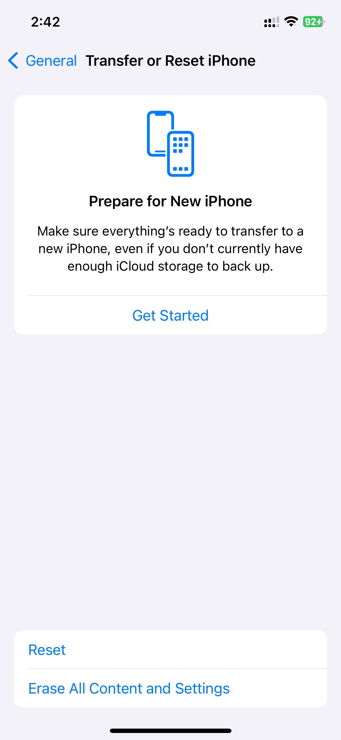 Transfer or Reset settings under General settings on iPhone