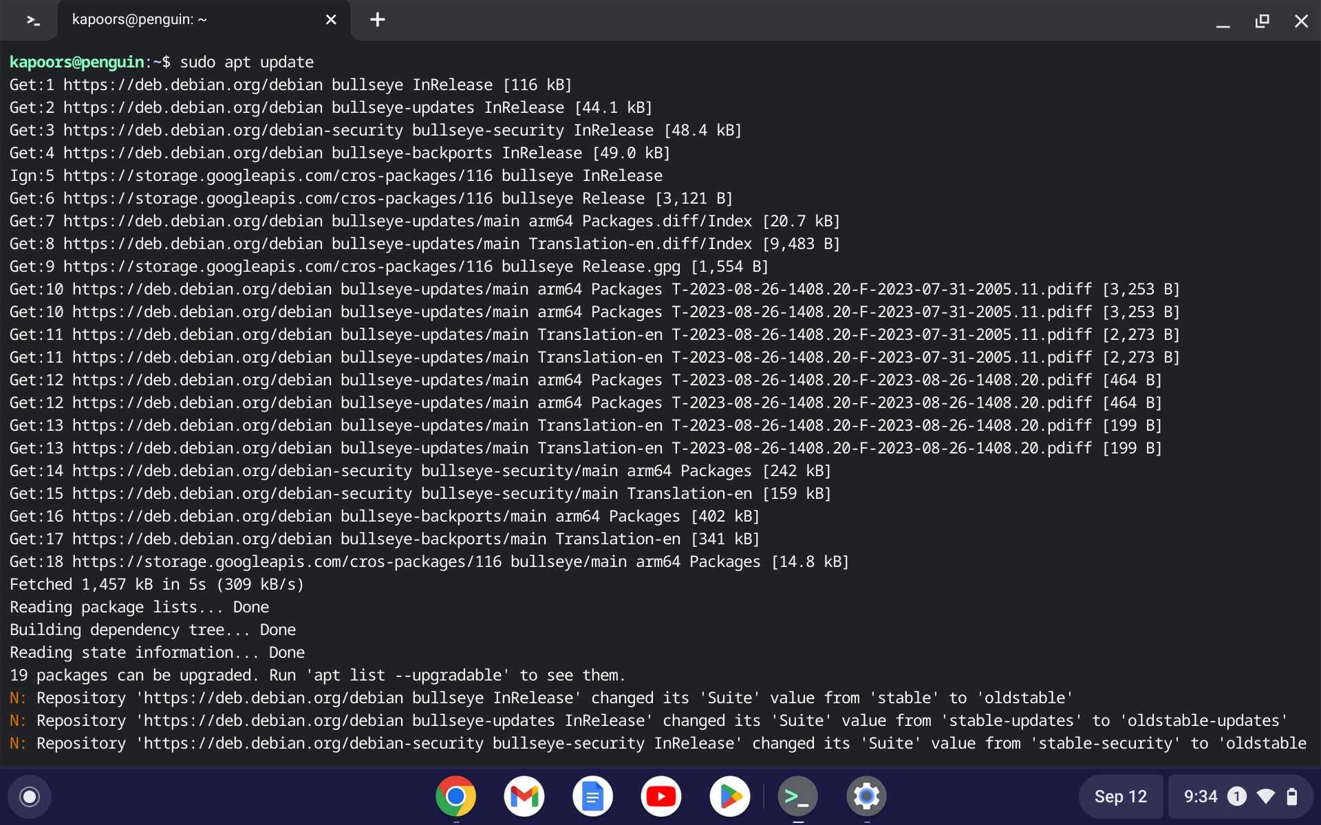 Códigos de terminal do Chromebook para atualizar os pacotes disponíveis