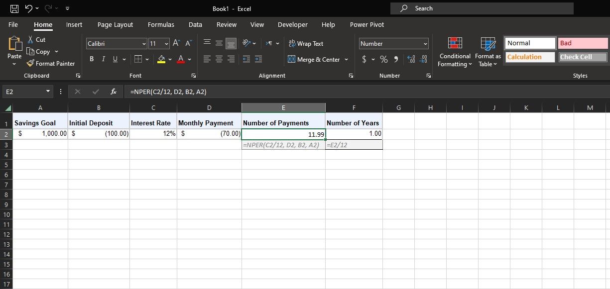 Using NPER to calculate savings in Excel