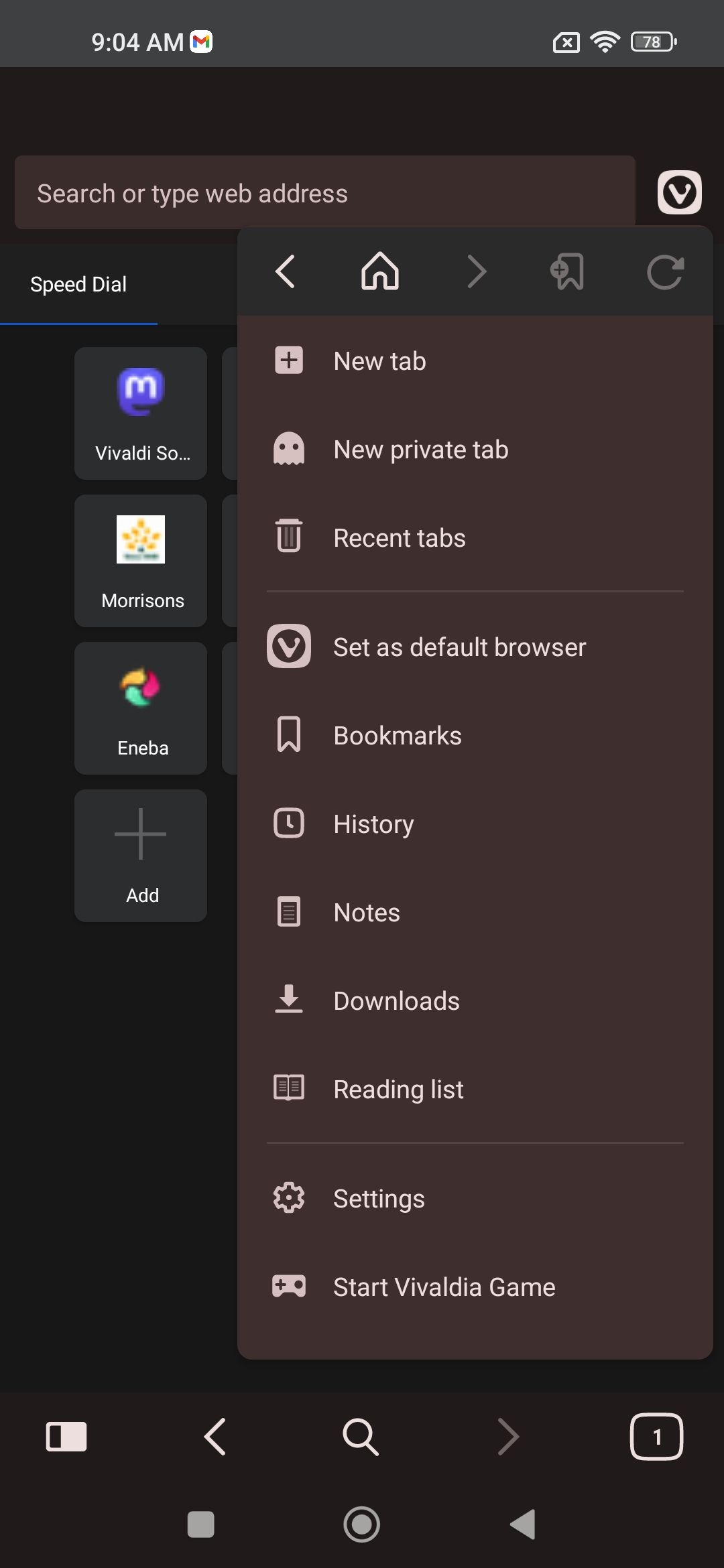 Vivaldi Browser showing menu options