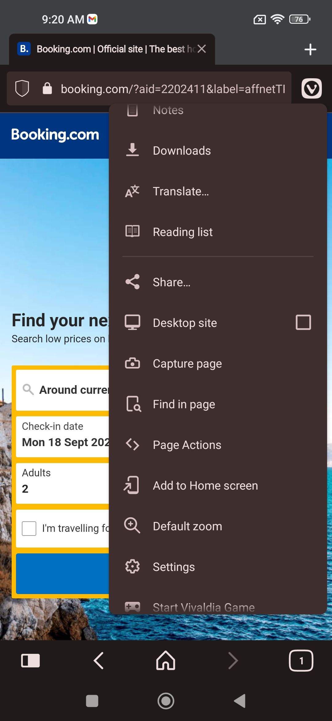 Vivaldi Browser showing menu options