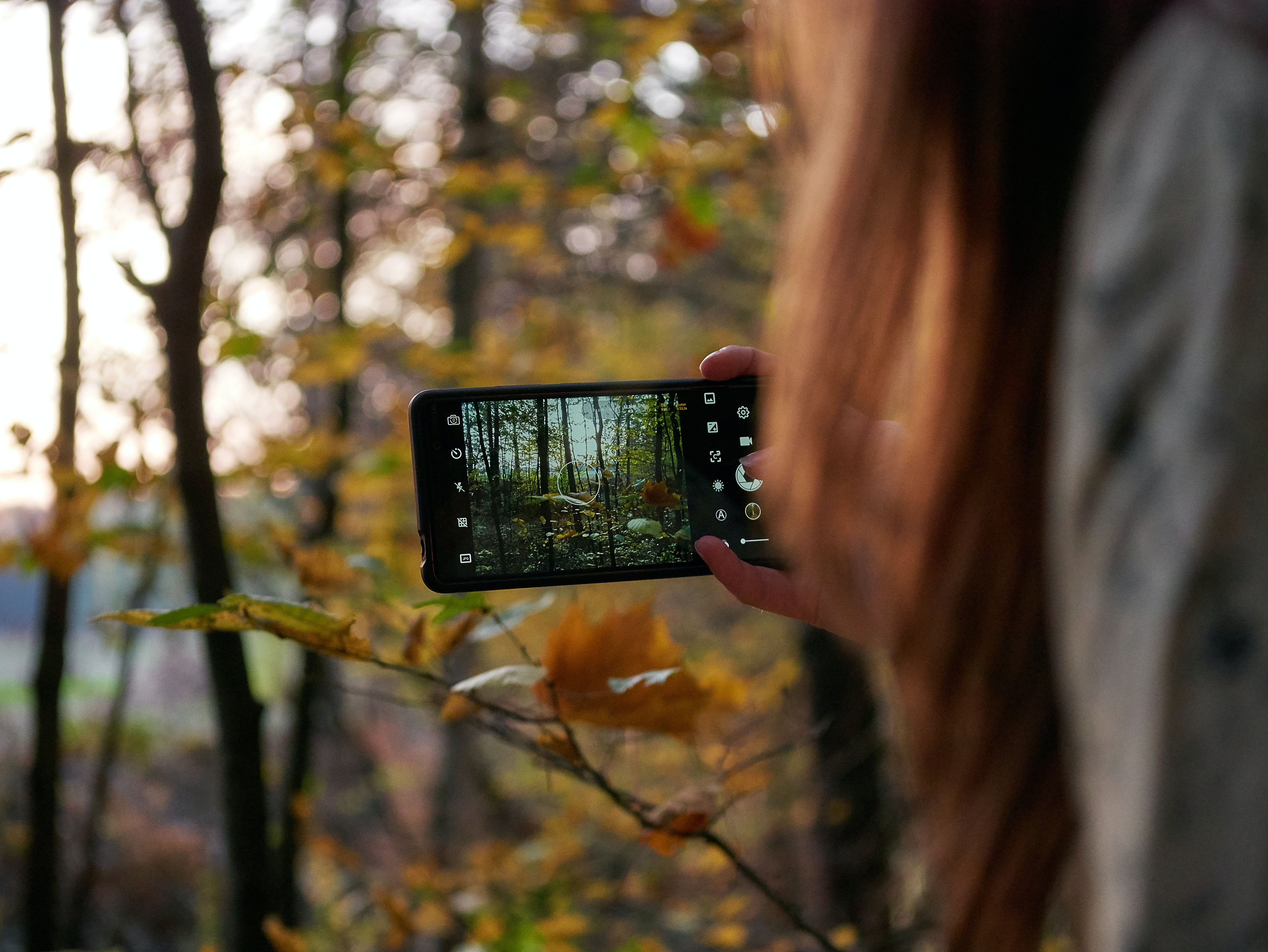 wanita memotret alam menggunakan smartphone