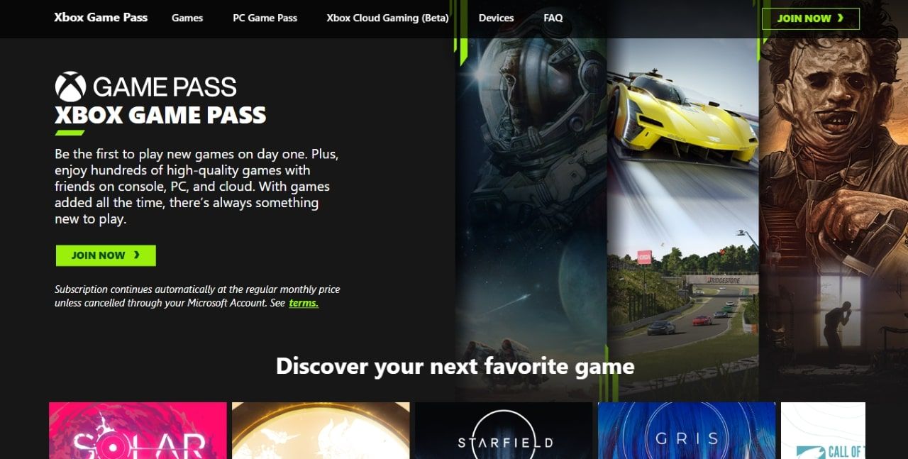 A screenshot of the official webpage for Xbox Game Pass