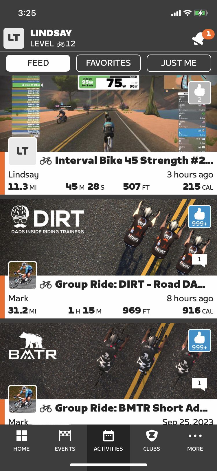 Zwift Companion app Activities screen feed