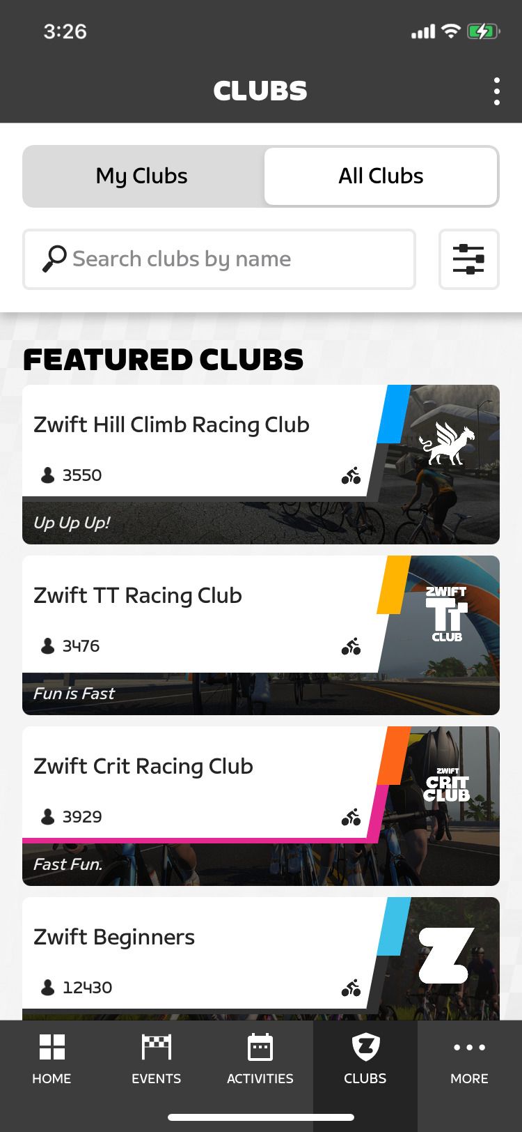 Zwift Companion app Clubs screen