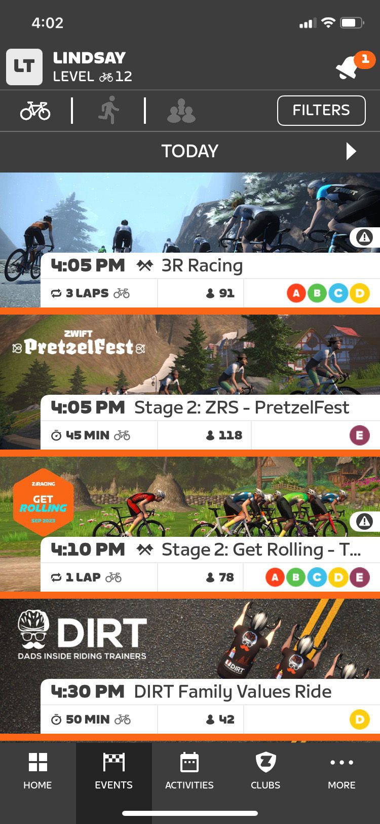 صفحه رویدادهای برنامه Zwift Companion با مراحل