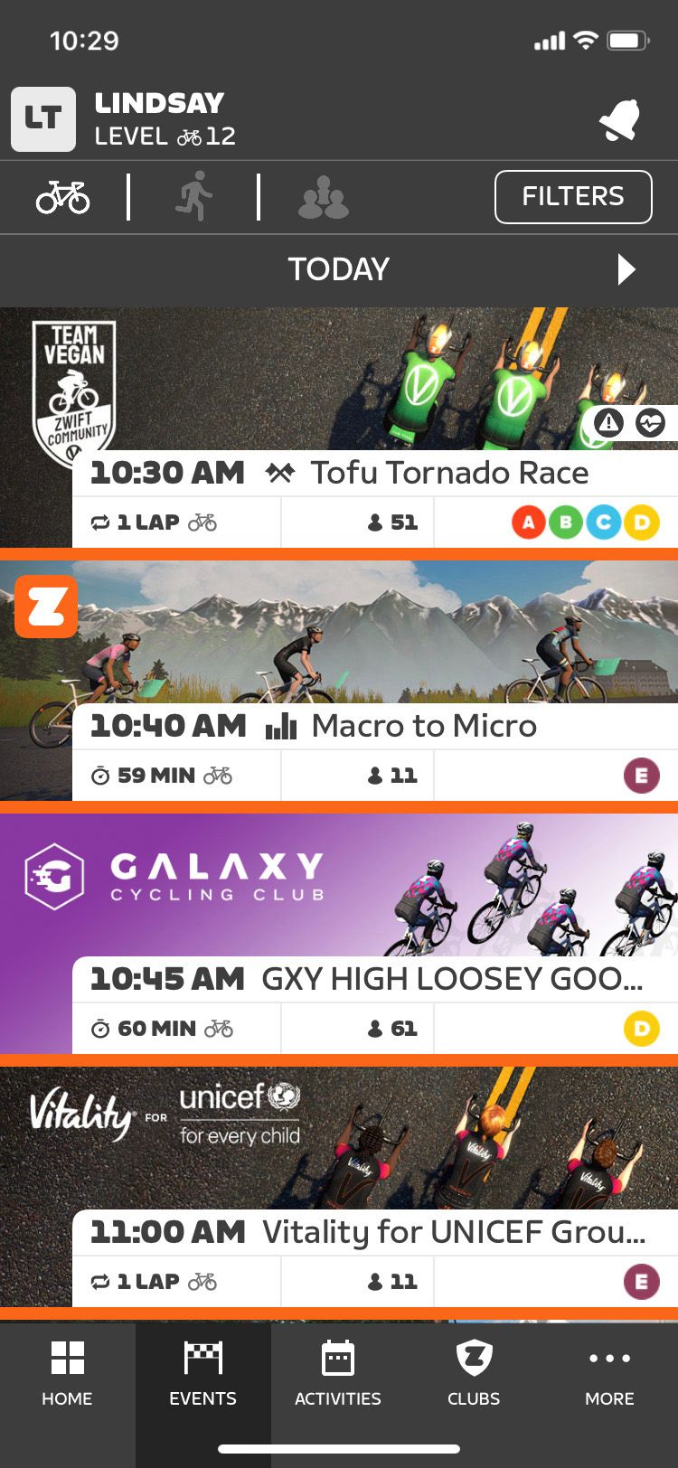 صفحه رویدادهای برنامه Zwift Companion