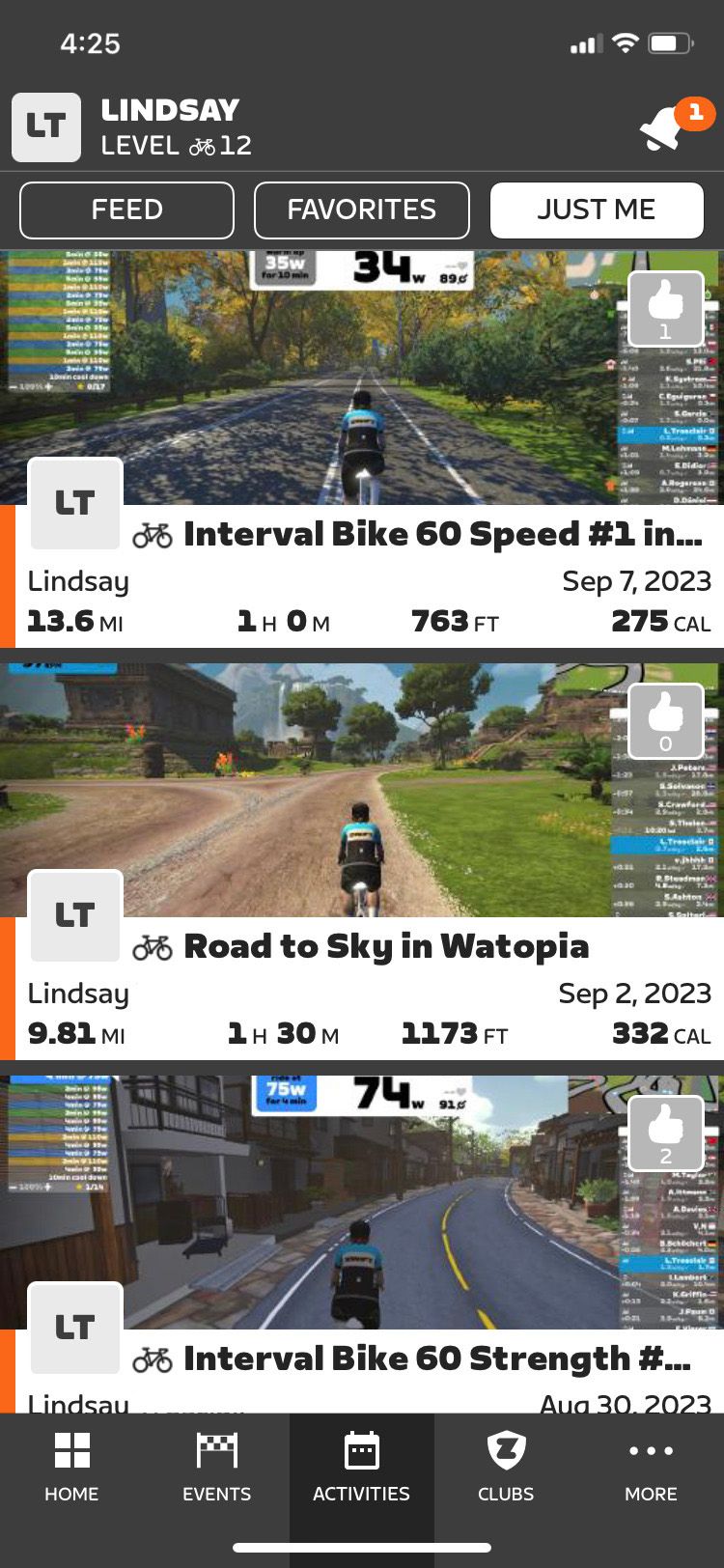 صفحه فعالیت های شخصی برنامه Zwift Companion