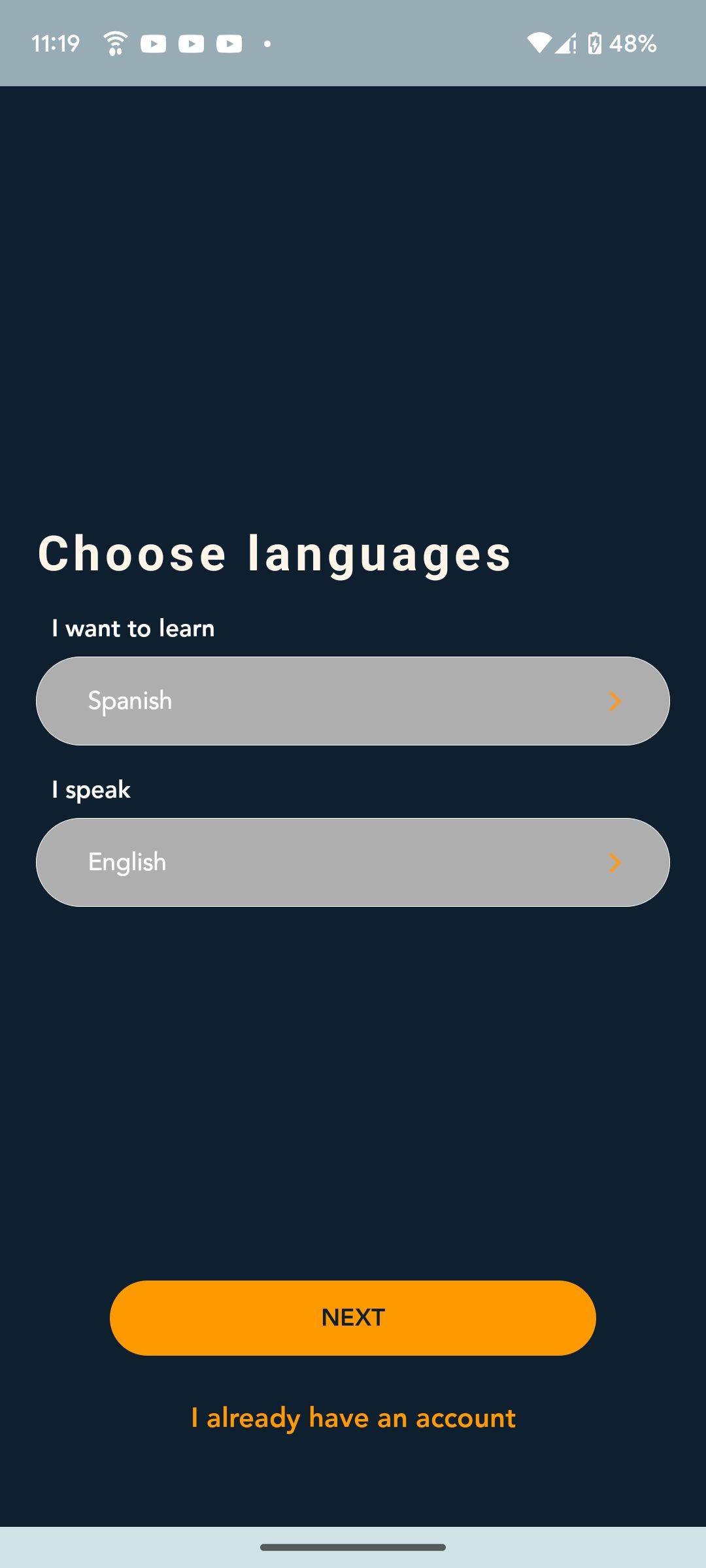 Selecting a language to learn in Beelinguapp