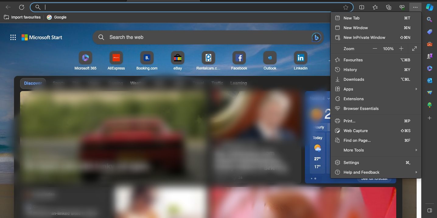 Optionsmenü des Microsoft Edge-Desktops