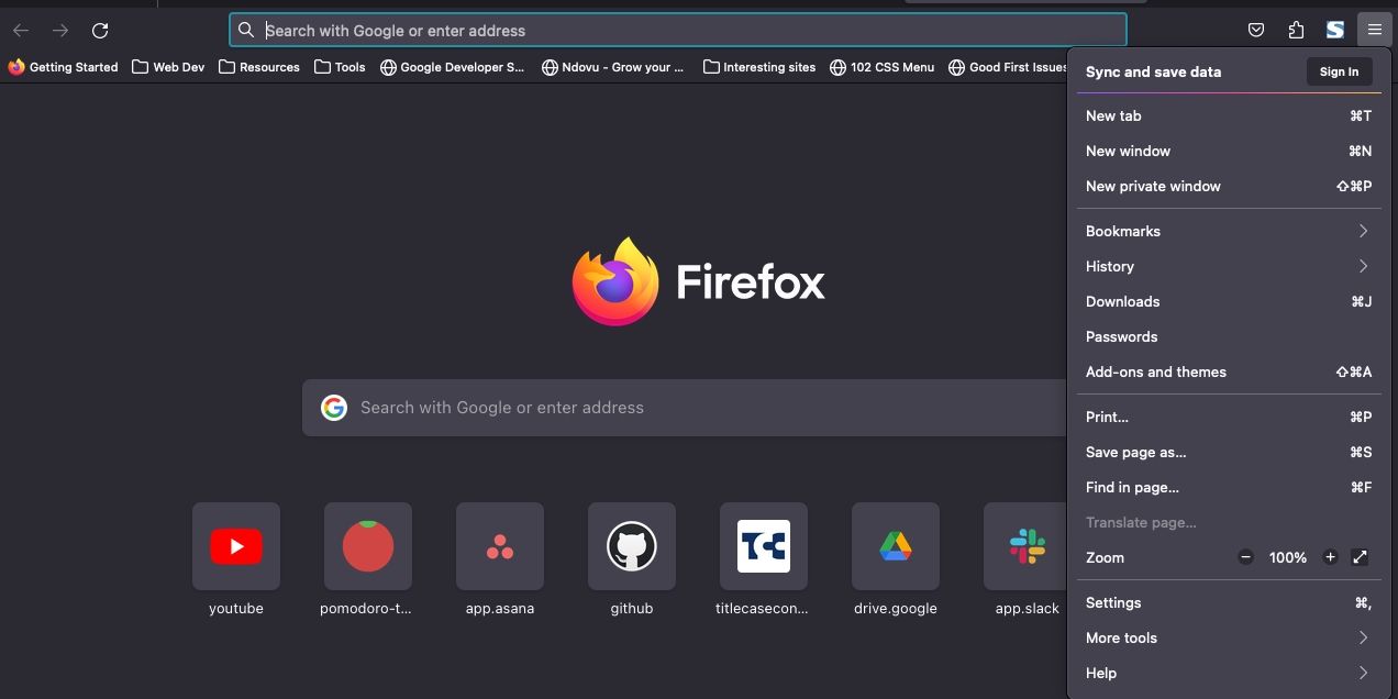 Меню с опции на Firefox в macOS
