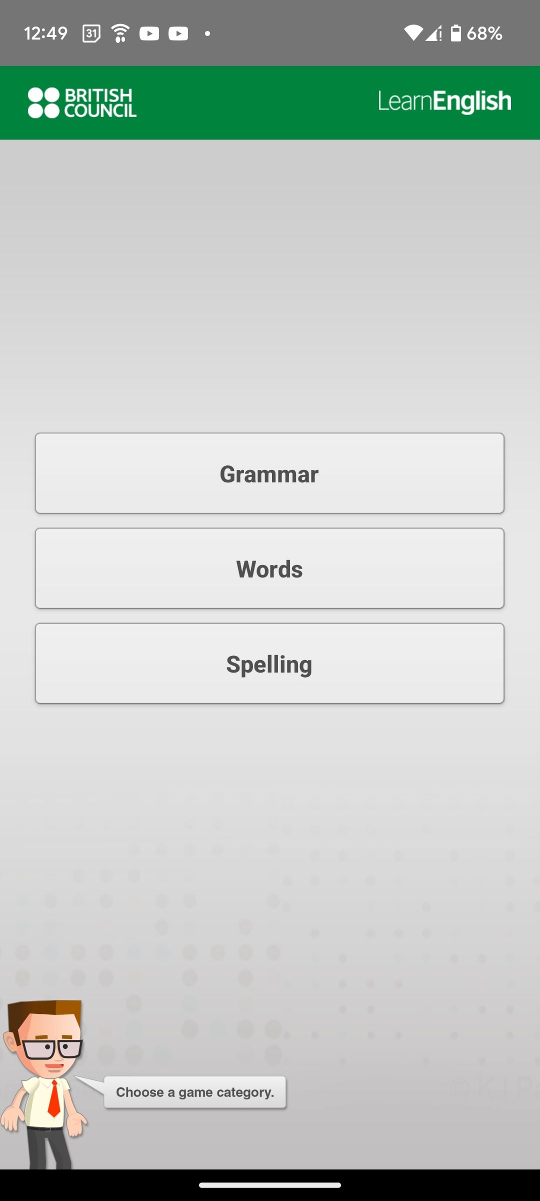 Choosing a quiz category in Johnny Grammar app